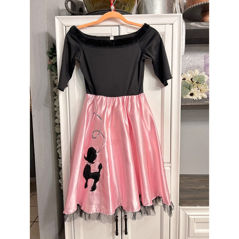 Kids 50s Poodle Dress Pink Black Retro Costume Girls Med 8-10 Grease Halloween
